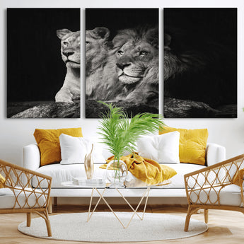 80013-MGV-CV-36X24-Lion and Lioness Wall Art – Black and White Wildlife Photography Canvas Print, African Safari Animal Decor for Office, Bedroom