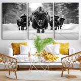 45287-MGV-CV-36X24-Bison Herd Wall Art – Black and White Buffalo Snow Road Canvas Print, Rustic Wildlife Decor for Cabin, Lodge or Living Room
