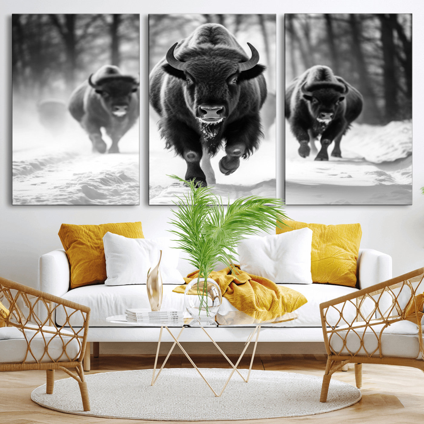 97552-MGV-CV-36X24-Black and White Bison Wall Art – Buffalo Herd Running in Snow Canvas Print, Rustic Wildlife Photography Decor for Cabin, Lodge, or