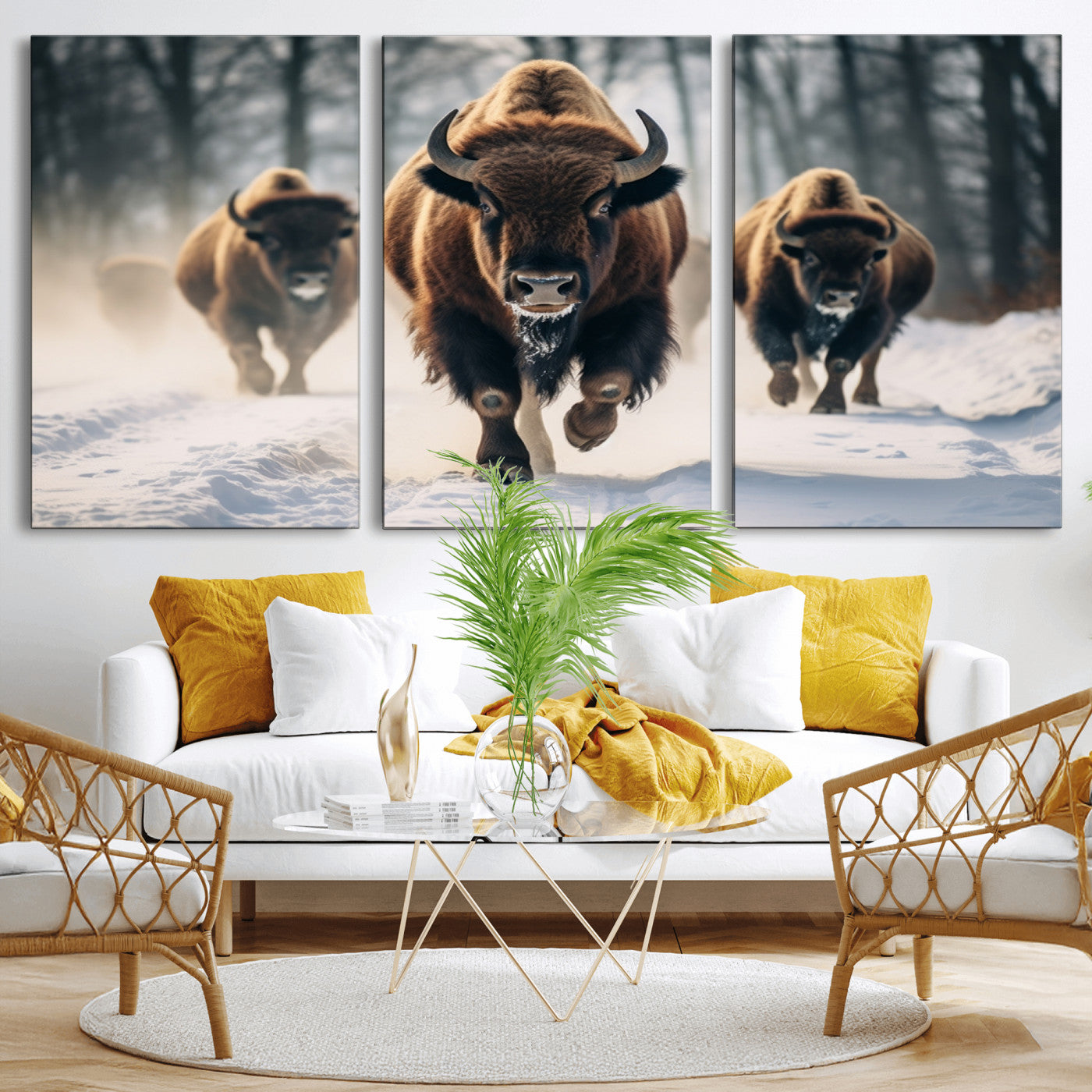 56549-MGV-CV-36X24-Wild Bison Wall Art – Majestic Buffalo Herd Running in Snow Canvas Print, Rustic Wildlife Photography Decor for Cabin, Lodge, or