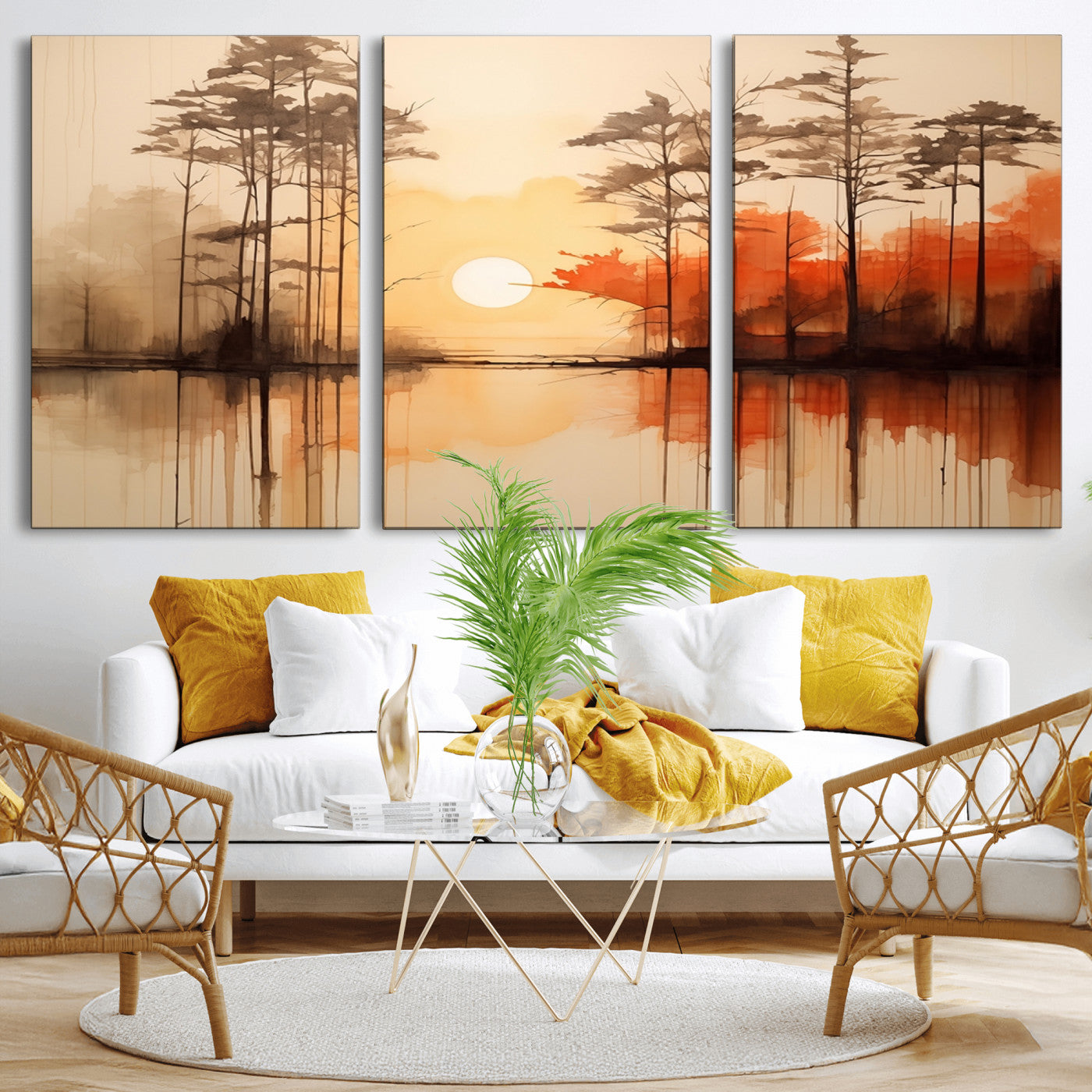 51083-MGV-CV-36X24-Sunset Lake Forest Wall Art – Serene Trees and Orange Sky Reflection Canvas Print, Tranquil Nature Decor for Living Room, Office
