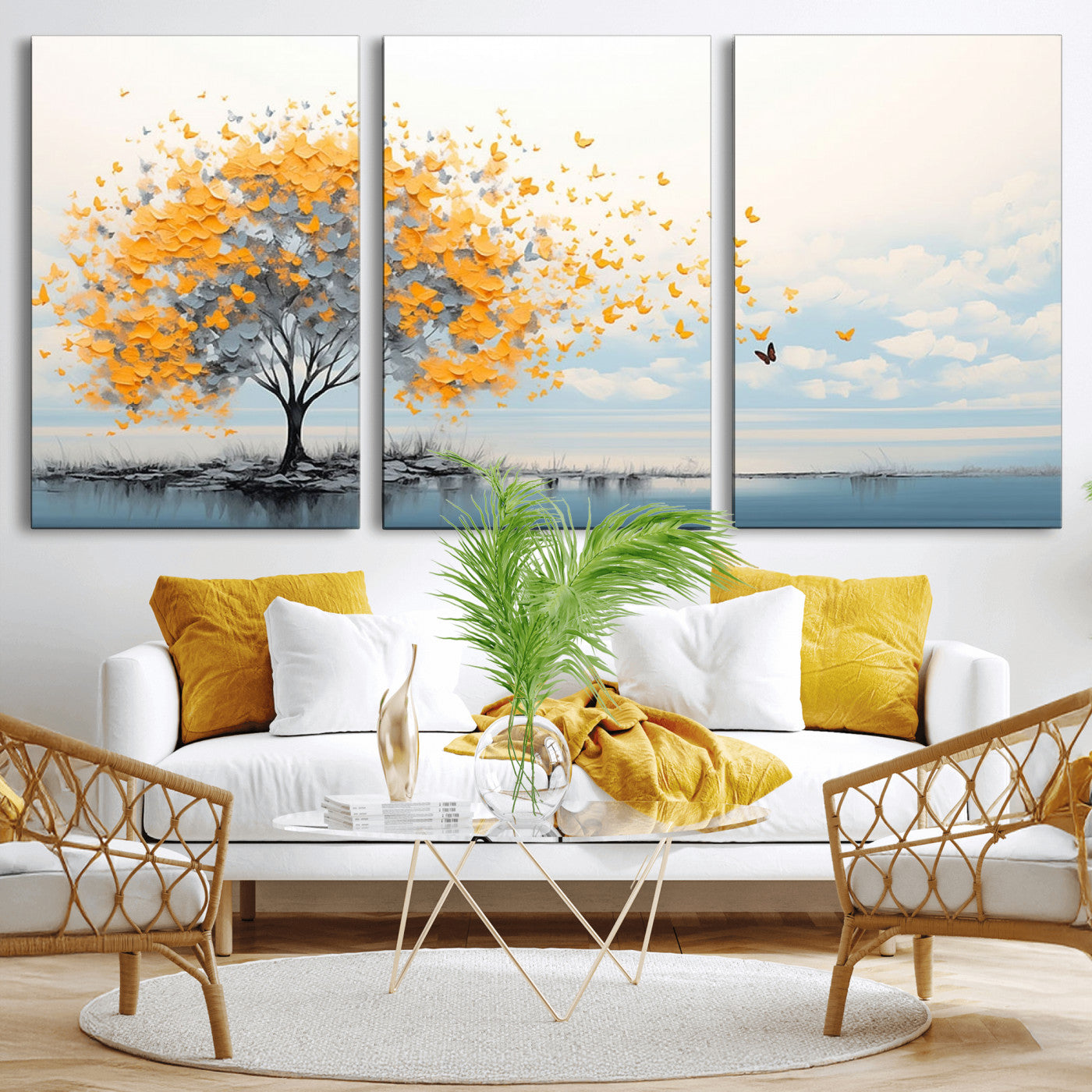 23385-MGV-CV-36X24-Golden Butterfly Tree Wall Art – Abstract Yellow and Gray Canvas Print, Modern Nature Artwork for Living Room, Bedroom or Office