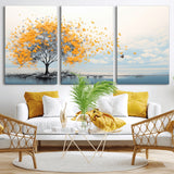 23385-MGV-CV-36X24-Golden Butterfly Tree Wall Art – Abstract Yellow and Gray Canvas Print, Modern Nature Artwork for Living Room, Bedroom or Office