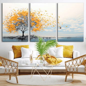 23385-MGV-CV-36X24-Golden Butterfly Tree Wall Art – Abstract Yellow and Gray Canvas Print, Modern Nature Artwork for Living Room, Bedroom or Office
