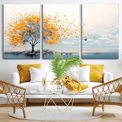 23385-MGV-CV-36X24-Golden Butterfly Tree Wall Art – Abstract Yellow and Gray Canvas Print, Modern Nature Artwork for Living Room, Bedroom or Office