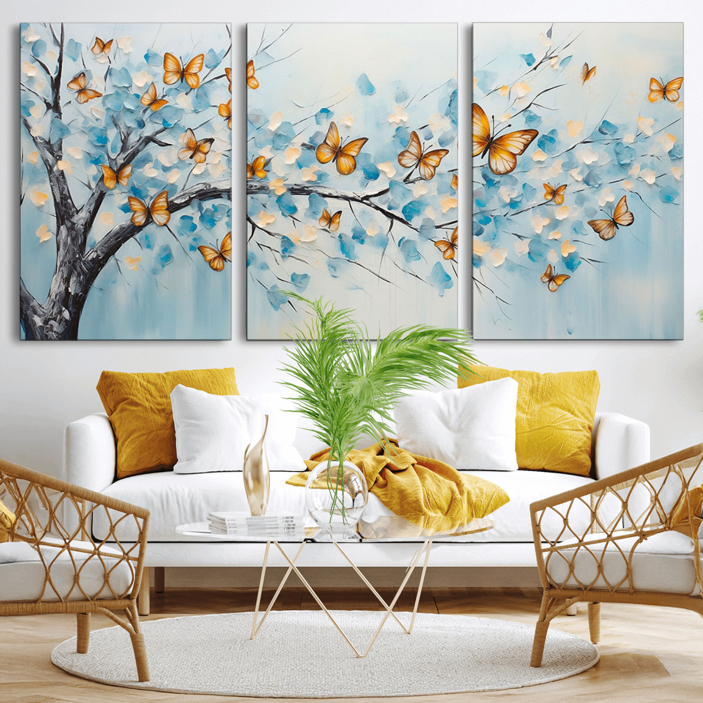 59455-MGV-CV-36X24-Butterfly Tree Branch Wall Art – Blue and Yellow Abstract Canvas Print, Modern Nature Artwork for Living Room, Bedroom or Office