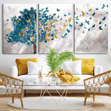 37564-MGV-CV-36X24-Butterfly Tree Wall Art – Modern Nature Canvas Print with Blue and Golden Butterflies, Elegant Decorative Painting for Living Room
