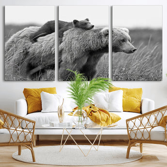 76338-MGV-CV-36X24-Mother Bear and Cub Wall Art – Black and White Wildlife Canvas Print, Rustic Nature Photography for Cabin, Living Room or Office