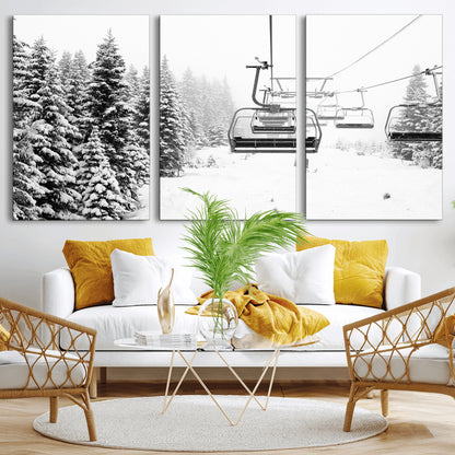 70609-MGV-CV-36X24-Snowy Ski Lift Wall Art – Black and White Winter Mountain Landscape Canvas Print, Rustic Lodge Decor for Cabin, Living Room or