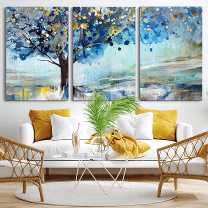 17018-MGV-CV-36X24-Abstract Blue Tree Wall Art – Colorful Canvas Painting with Gold and Silver Accents, Modern Nature Artwork for Living Room,