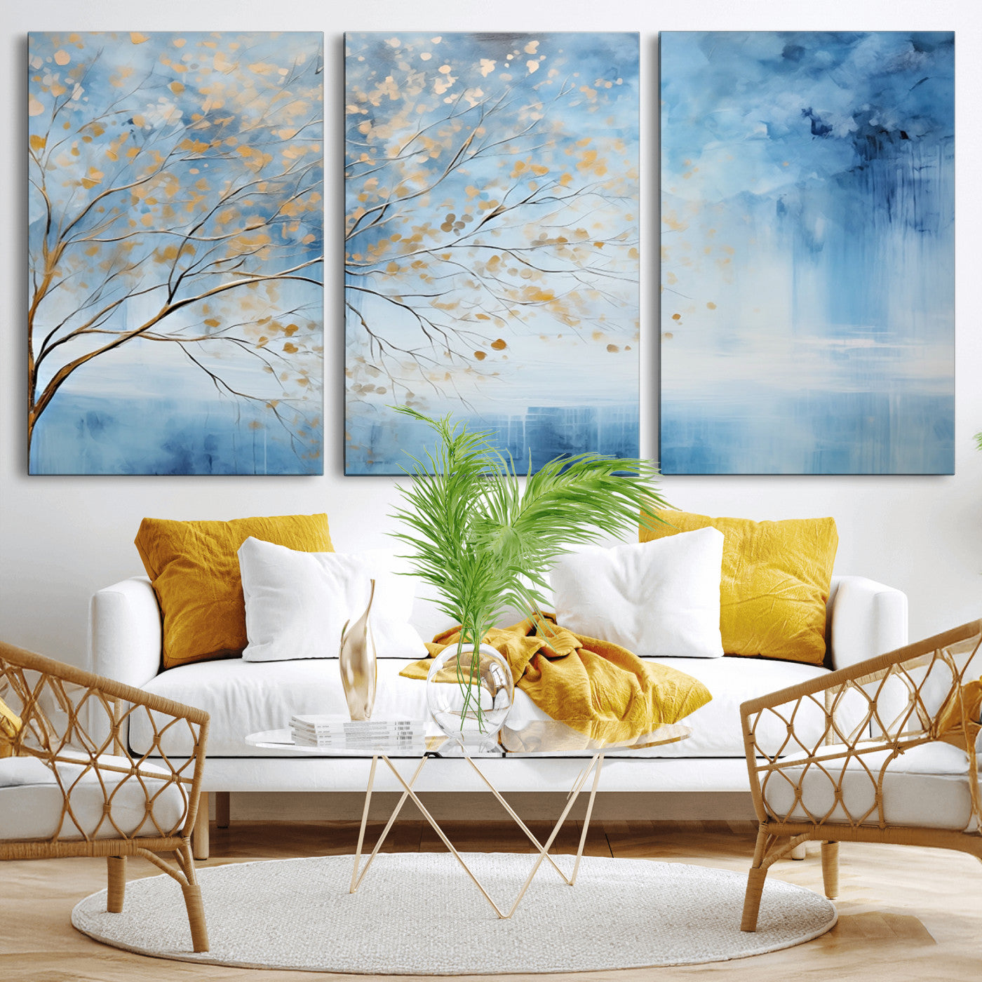 23891-MGV-CV-36X24-Abstract Tree Wall Art – Minimalist Blue and Gold Canvas Painting, Elegant Nature-Inspired Artwork for Living Room, Bedroom or