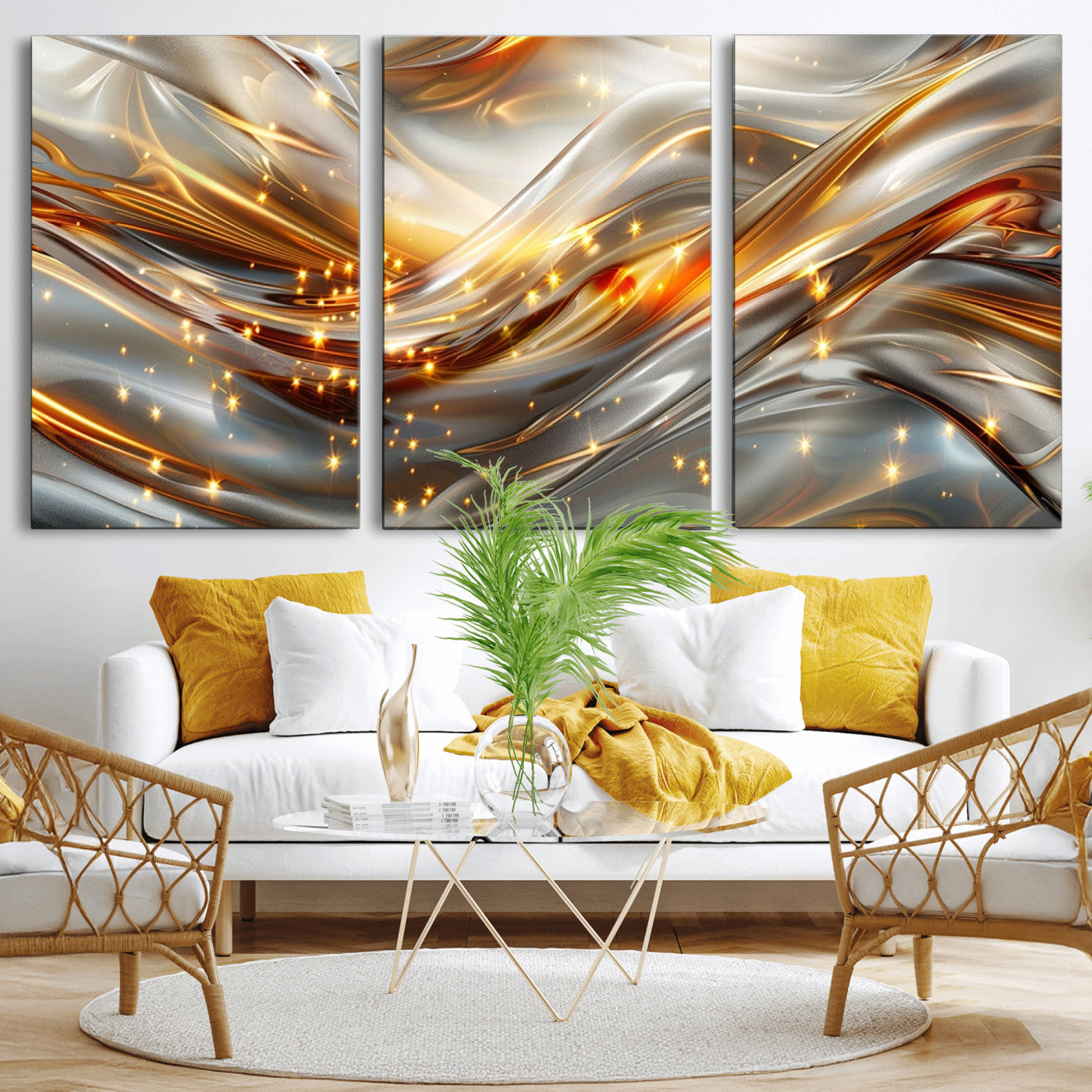 Lines1-MGV-CV-60X30-3P-Abstract Metallic Wall Art – Silver and Gold Wave Canvas Print with Sparkling Accents, Modern Luxury Decor for Living Room, Office