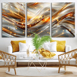 Lines1-MGV-CV-60X30-3P-Abstract Metallic Wall Art – Silver and Gold Wave Canvas Print with Sparkling Accents, Modern Luxury Decor for Living Room, Office