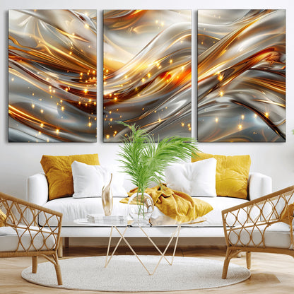 Lines1-MGV-CV-60X30-3P-Abstract Metallic Wall Art – Silver and Gold Wave Canvas Print with Sparkling Accents, Modern Luxury Decor for Living Room, Office