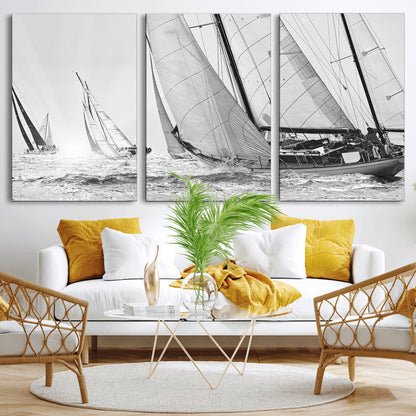 Boat-1-MGV-CV-36X24-Sailboat Racing Wall Art – Nautical Black and White Canvas Print, Ocean Adventure Decor for Office, Living Room or Bedroom