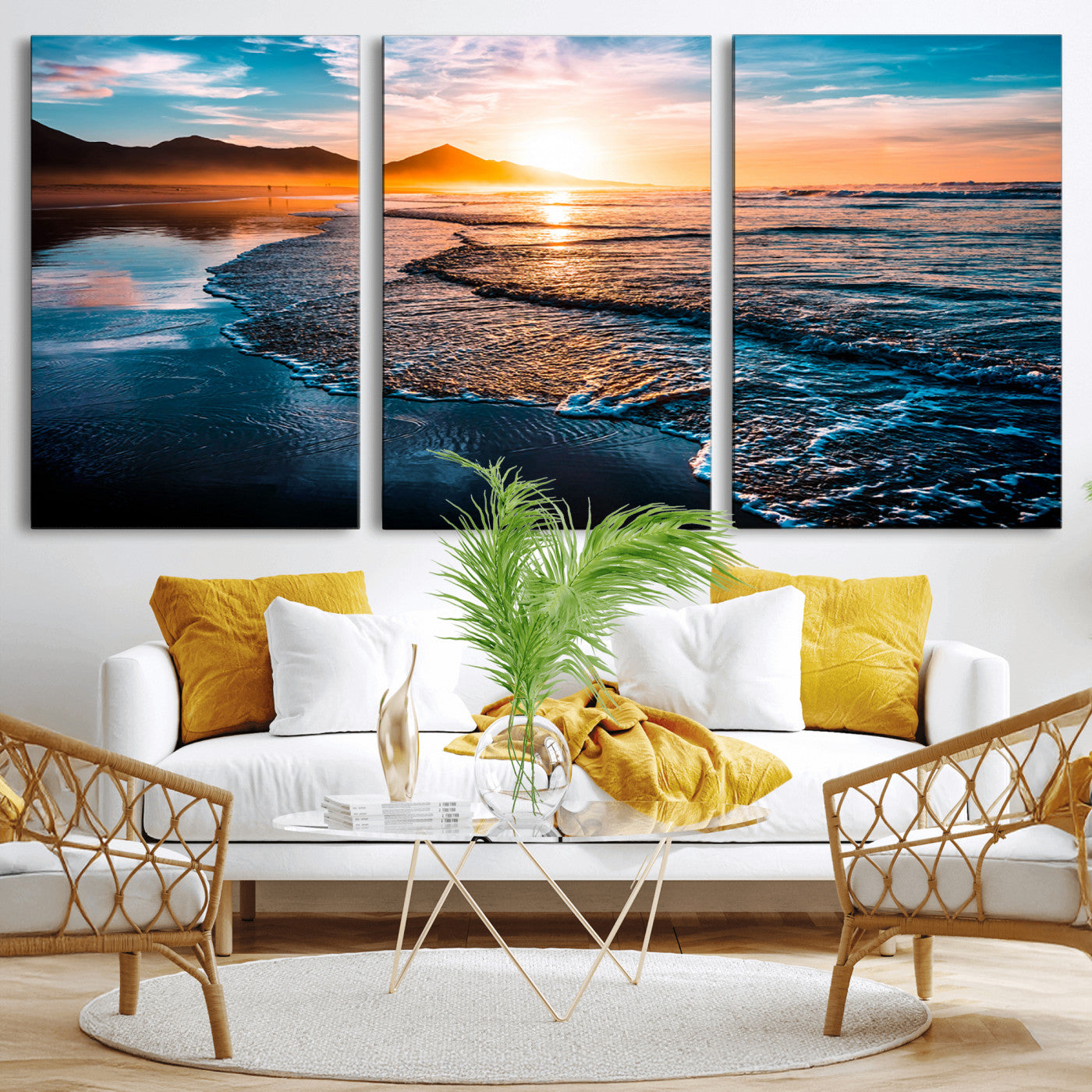 26494-MGV-CV-36X24-Ocean Sunset Wall Art – Scenic Beach Canvas Print with Waves and Mountains, Coastal Seascape Photography for Living Room, Bedroom