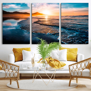 26494-MGV-CV-36X24-Ocean Sunset Wall Art – Scenic Beach Canvas Print with Waves and Mountains, Coastal Seascape Photography for Living Room, Bedroom