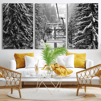 19240-MGV-CV-36X24-Ski Lift Wall Art – Black and White Winter Mountain Canvas Print, Snowy Forest Ski Resort Photography for Cabin, Lodge, Office or