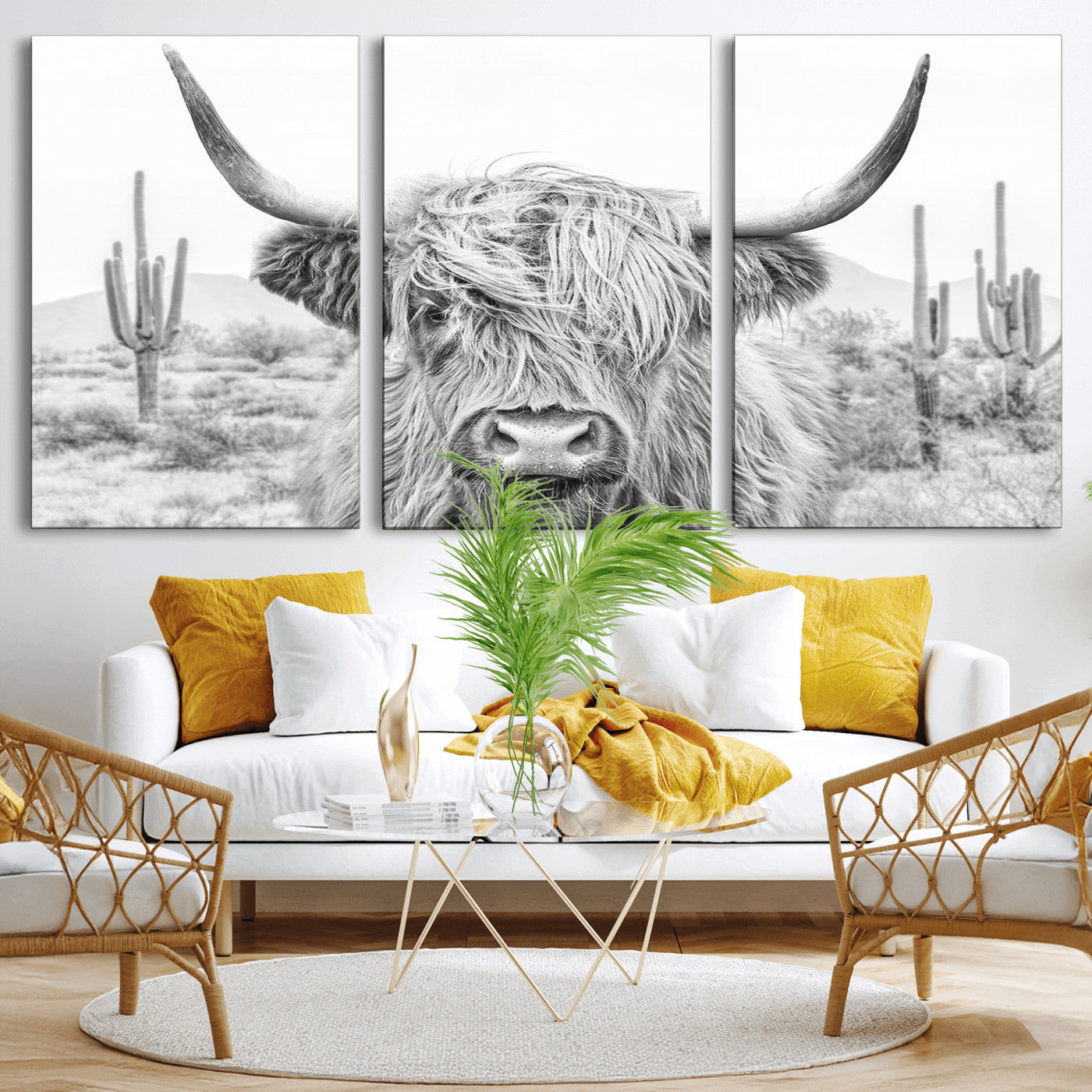 94579-MGV-CV-36X24-Highland Cow Wall Art – Black and White Longhorn Canvas Print, Rustic Western Farmhouse Animal Photography for Living Room,