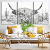 94579-MGV-CV-36X24-Highland Cow Wall Art – Black and White Longhorn Canvas Print, Rustic Western Farmhouse Animal Photography for Living Room,
