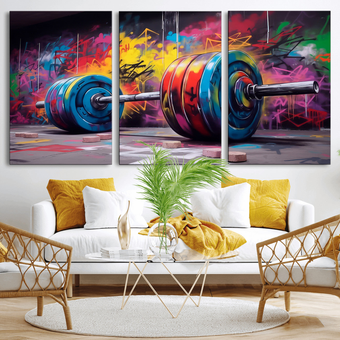 13549-MGV-CV-36X24-Graffiti Gym Wall Art Canvas Print, Framed Graffiti Barbell Art Picture Print, Weightlifting Perfect Fitness Studio Decor Artwork