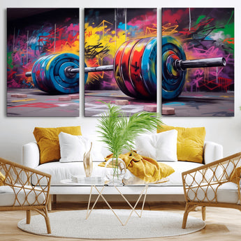 13549-MGV-CV-36X24-Graffiti Gym Wall Art Canvas Print, Framed Graffiti Barbell Art Picture Print, Weightlifting Perfect Fitness Studio Decor Artwork