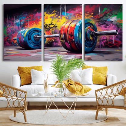 13549-MGV-CV-36X24-Graffiti Gym Wall Art Canvas Print, Framed Graffiti Barbell Art Picture Print, Weightlifting Perfect Fitness Studio Decor Artwork