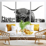 58188-MGV-CV-36X24-Highland Cow Wall Art – Black and White Rustic Farmhouse Canvas Print, Longhorn Cattle Photography Decor for Living Room or