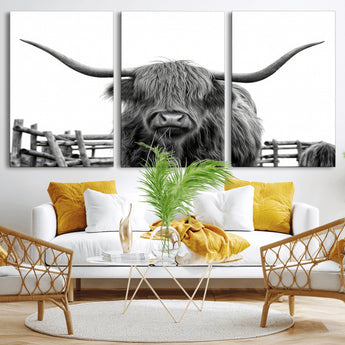 58188-MGV-CV-36X24-Highland Cow Wall Art – Black and White Rustic Farmhouse Canvas Print, Longhorn Cattle Photography Decor for Living Room or