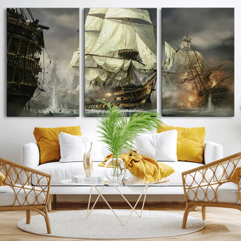 26512-MGV-CV-36X24-Naval Battle Wall Art – Dramatic Tall Ship Canvas Print, Historic Pirate Sailing War Scene, Nautical Decor for Office, Study or