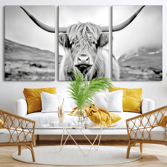 80564-MGV-CV-36X24-Highland Cow Wall Art – Black and White Scottish Highland Canvas Print, Rustic Farmhouse Decor for Living Room, Bedroom or Office