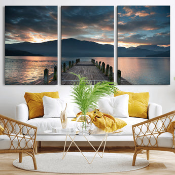 20442-MGV-CV-36X24-Lakeside Sunset Dock Wall Art – Peaceful Mountain Lake Canvas Print, Serene Nature Landscape Decor for Living Room, Bedroom or