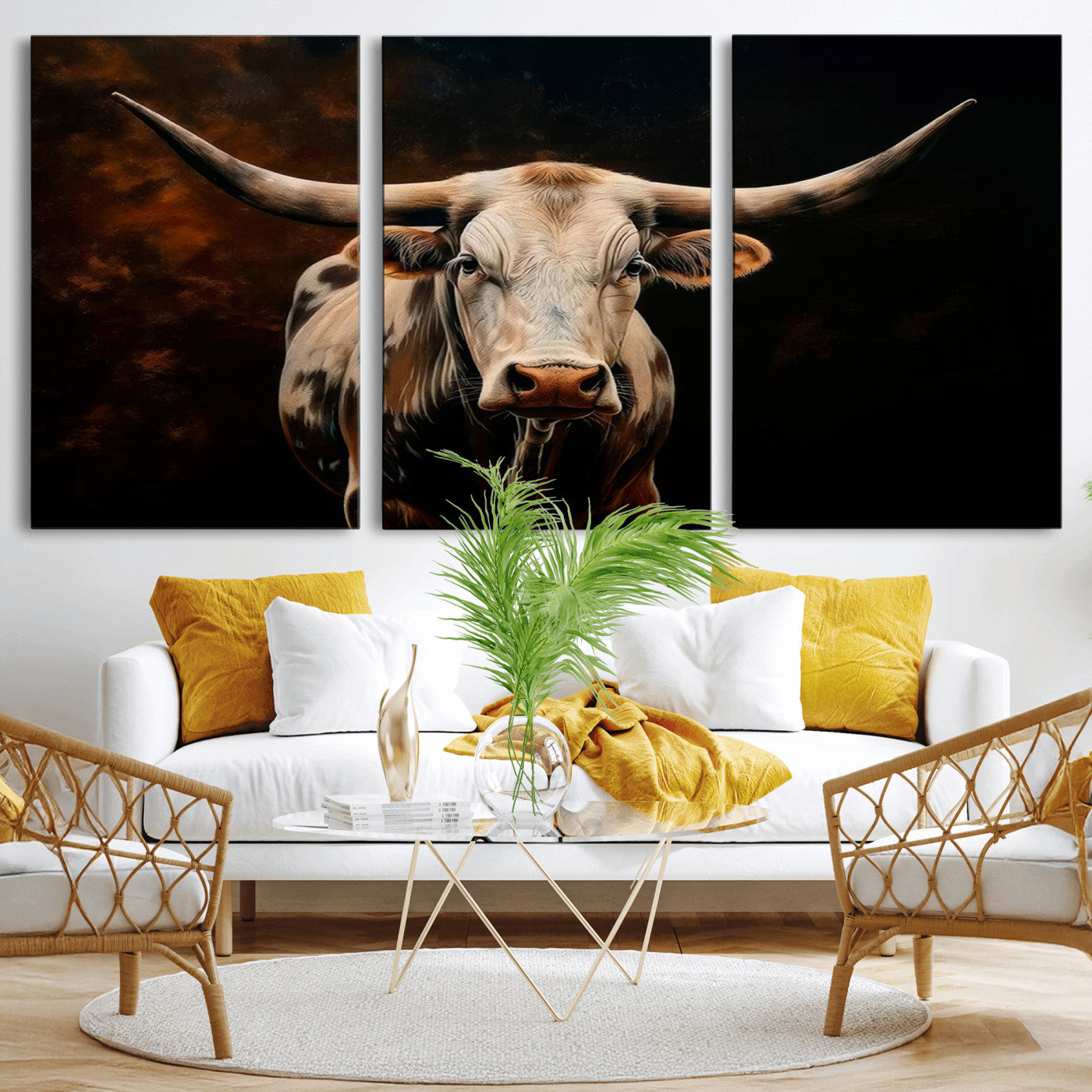70522-MGV-CV-36X24-Longhorn Bull Wall Art – Striking Canvas Print of Majestic Bull, Premium Animal Decor for Home, Office, Man Cave, or Living Room