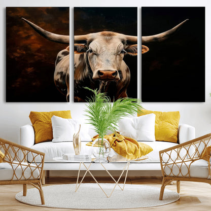 70522-MGV-CV-36X24-Longhorn Bull Wall Art – Striking Canvas Print of Majestic Bull, Premium Animal Decor for Home, Office, Man Cave, or Living Room