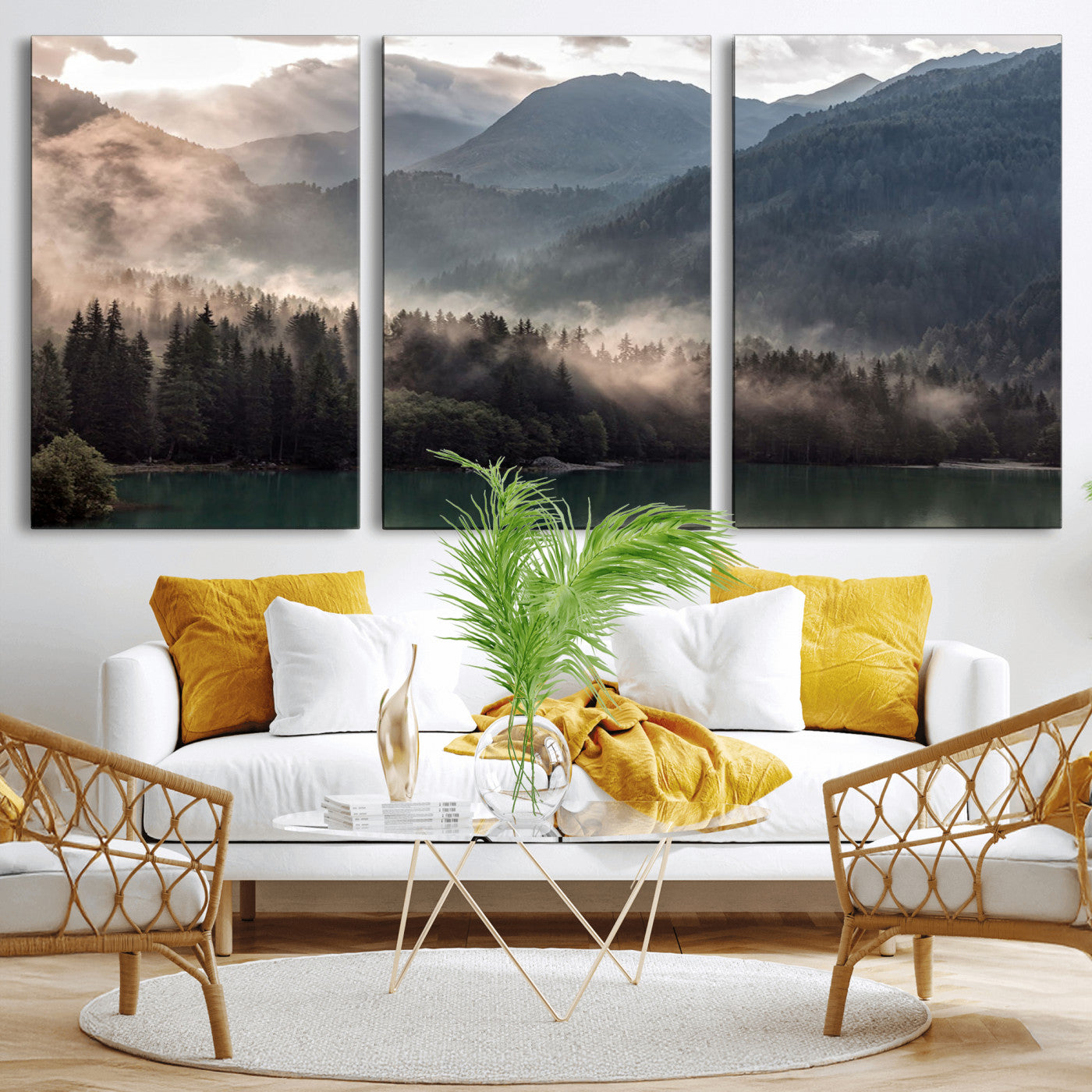 61116-MGV-CV-36X24-Misty Mountain Lake Wall Art – Tranquil Foggy Forest and Lake Canvas Print, Scenic Nature Landscape Decor for Living Room or