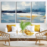19746-MGV-CV-60X30-3P-Abstract Ocean Wall Art – Modern Coastal Canvas Print with Blue, White and Gold Textures, Contemporary Seascape Painting for