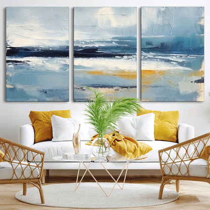 19746-MGV-CV-60X30-3P-Abstract Ocean Wall Art – Modern Coastal Canvas Print with Blue, White and Gold Textures, Contemporary Seascape Painting for