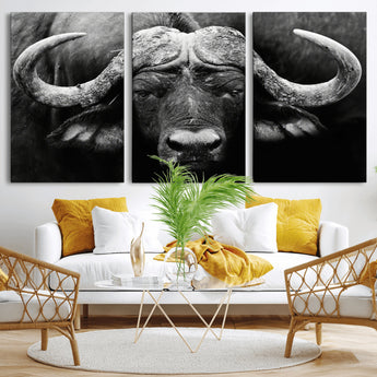 75273-MGV-CV-36X24-Buffalo Wall Art – Black and White African Buffalo Canvas Print, Rustic Wildlife Animal Artwork for Farmhouse, Living Room,