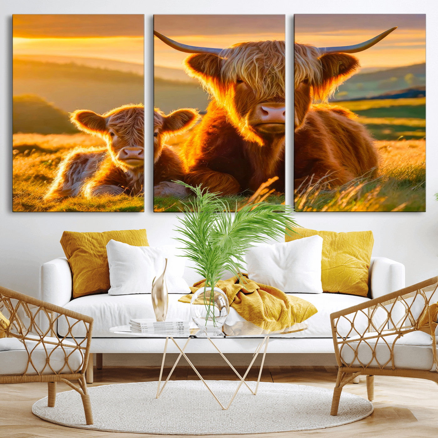 20567-MGV-CV-36X24-Highland Cow and Calf Wall Art – Rustic Farmhouse Sunset Cattle Canvas Print, Country Animal Artwork for Living Room, Bedroom, or