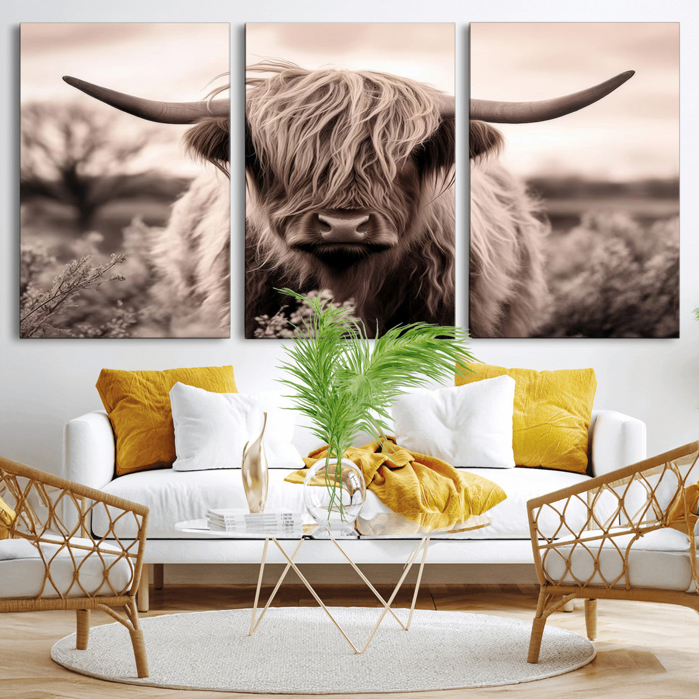 55903-MGV-CV-36X24-Highland Cow Wall Art – Rustic Sepia Scottish Highland Bull Canvas Print, Farmhouse Country Animal Decor for Living Room, Bedroom