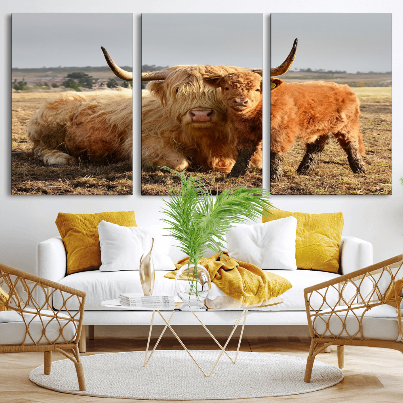 53461-MGV-CV-60X30-3P-Highland Cow Family Wall Art – Rustic Farmhouse Animal Canvas Print, Country Decor for Living Room, Bedroom or Office, Calf and