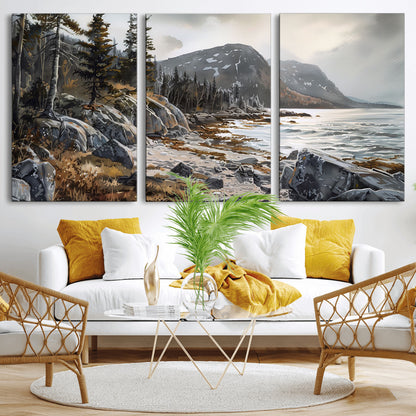 41281-MGV-CV-36X24-Rocky Shoreline Wall Art – Panoramic Mountain Coast and Forest Canvas Print, Rustic Nature Landscape Decor for Cabin, Lodge, or