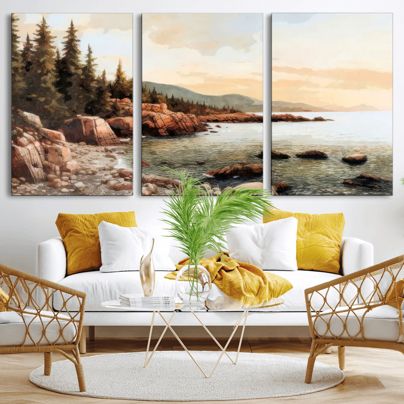 77145-MGV-CV-36X24-Coastal Landscape Wall Art – Panoramic Rocky Shoreline and Pine Trees Canvas Print, Rustic Nature Decor for Cabin, Lodge, Office,