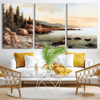 77145-MGV-CV-36X24-Coastal Landscape Wall Art – Panoramic Rocky Shoreline and Pine Trees Canvas Print, Rustic Nature Decor for Cabin, Lodge, Office,