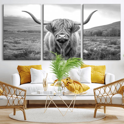 52903-MGV-CV-36X24-Highland Cow Wall Art – Black and White Canvas Print Rustic Cattle Portrait, Farmhouse Country Decor for Living Room, Office,