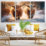 94810-MGV-CV-36X24-Highland Cow Wall Art – Rustic Canvas Print Two Cattle Snow Path Sunset, Farmhouse Country Decor for Living Room, Bedroom, Office,