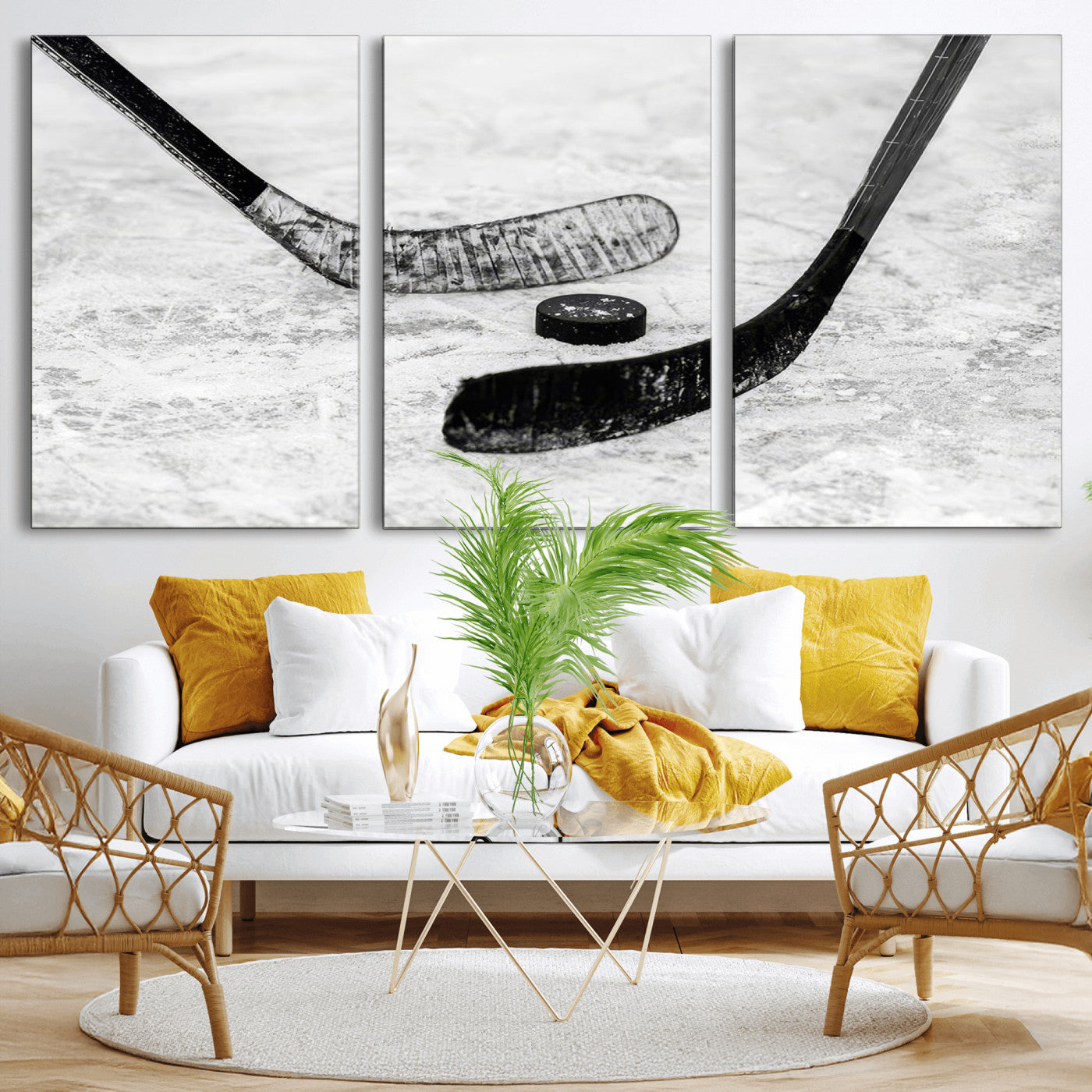 82900-MGV-CV-36X24-Hockey Wall Art – Black and White Canvas Print Ice Rink Sticks Puck Sports Photography, Modern Decor for Game Room, Man Cave,