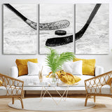 82900-MGV-CV-36X24-Hockey Wall Art – Black and White Canvas Print Ice Rink Sticks Puck Sports Photography, Modern Decor for Game Room, Man Cave,