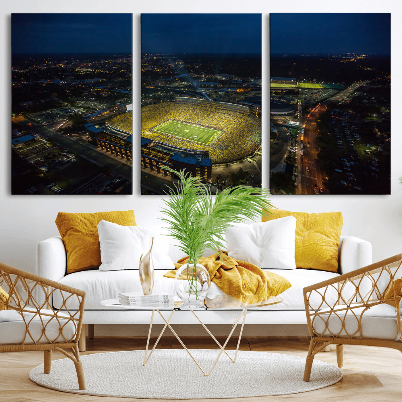 33588-MGV-CV-36X24-Football Stadium Wall Art – Aerial Night Game Canvas Print Packed Field City Lights, Sports Photography Decor for Game Room, Man