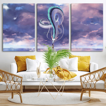 66864-MGV-CV-36X24-Fantasy Dragon Wall Art – Mystical Canvas Print Girl and Sky Serpent Dreamlike Clouds, Magical Anime Inspired Decor for Living
